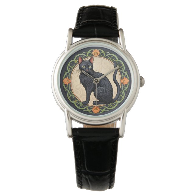 Reloj De Pulsera Gato negro de Art Nouveau (Anverso)