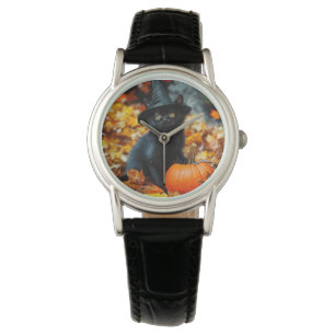 Reloj De Pulsera Gato negro de Halloween y calabaza