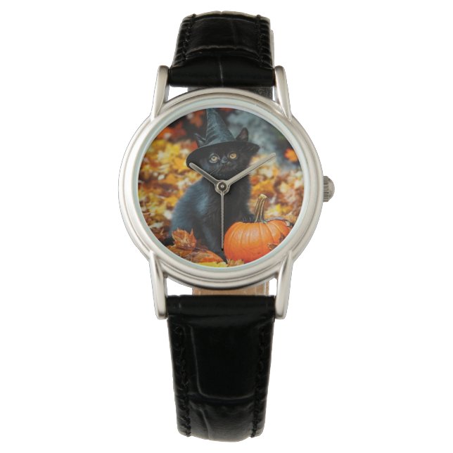 Reloj De Pulsera Gato negro de Halloween y calabaza (Anverso)