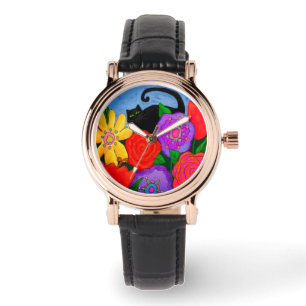 Reloj De Pulsera Gato negro en arte abstracto del jardín