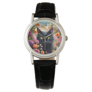 Reloj De Pulsera Gato negro Flores Gato 736