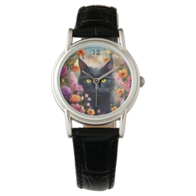 Reloj De Pulsera Gato negro Flores Gato 736 (Anverso)