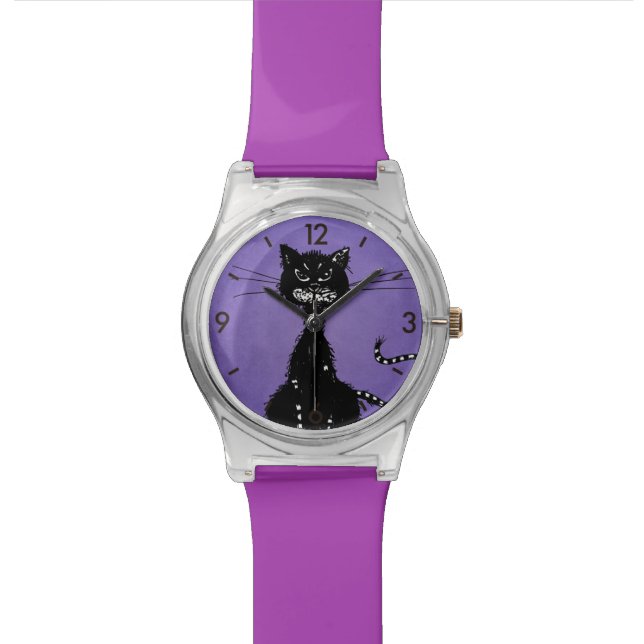 Reloj De Pulsera Gato negro malvado morado (De cerca)