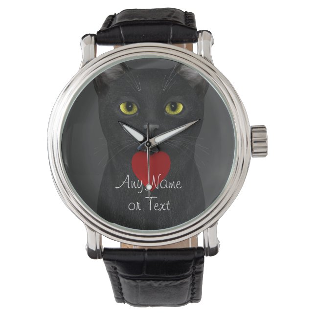 Reloj De Pulsera Gato negro - Texto personalizado (Anverso)