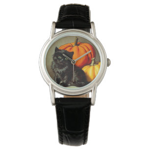 Reloj De Pulsera Gato negro vintage de Halloween y calabazas