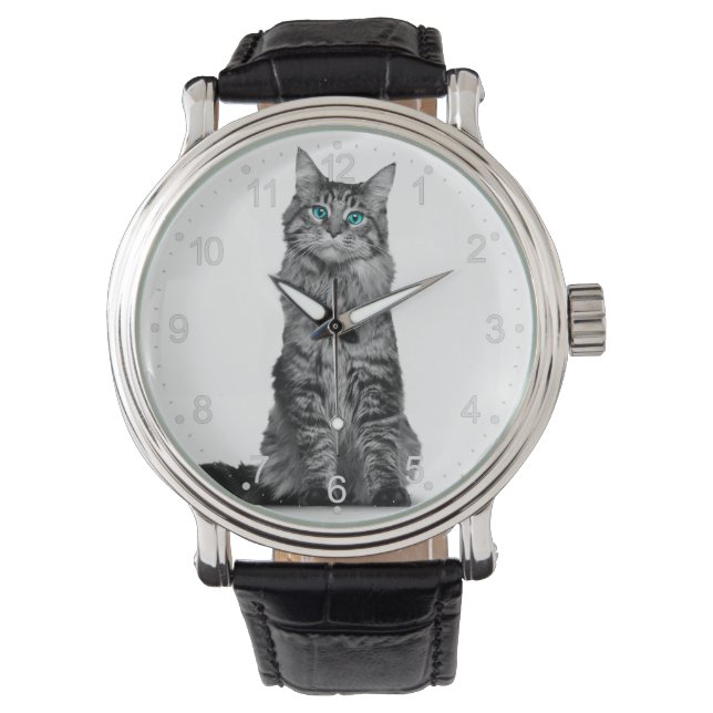 Reloj De Pulsera Gato negro y blanco con ojos verdes (Anverso)