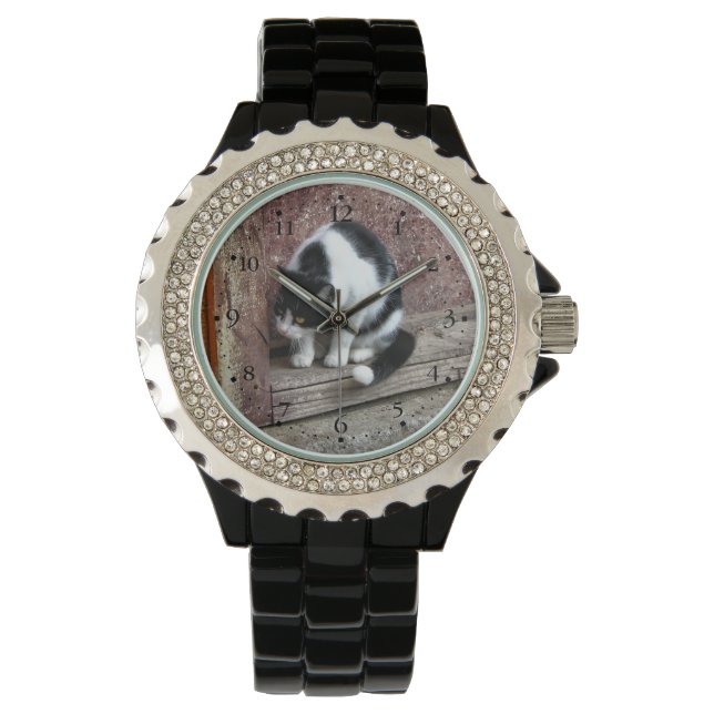 Reloj De Pulsera Gato negro y blanco curioso (Anverso)
