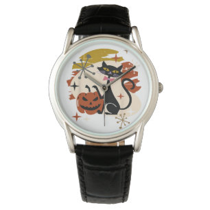 Reloj De Pulsera Gato negro y calabaza retro atómico Halloween T-Sh