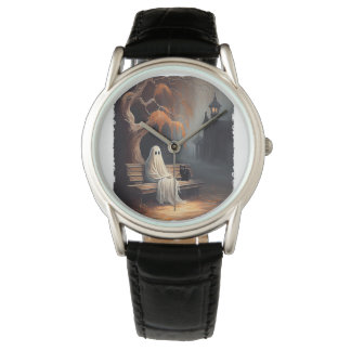 Reloj De Pulsera Gato Negro Y Fantasma Sentados En El Bench Hallowe