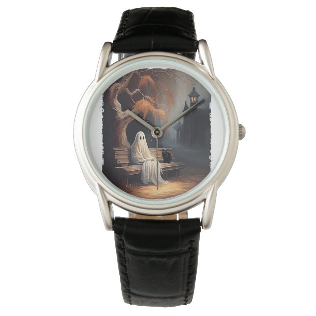 Reloj De Pulsera Gato Negro Y Fantasma Sentados En El Bench Hallowe (Anverso)