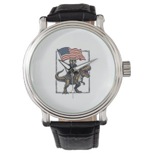 Reloj De Pulsera Gato Patriótico Montando Dinosaurio Diseño Vector 