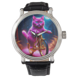 Reloj De Pulsera Gato Rosado Montando En Bicicleta Dorada