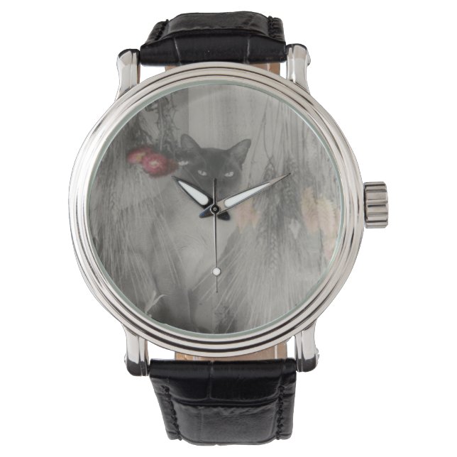 Reloj De Pulsera Gato Siamés Posando En Blanco Y Negro (Anverso)