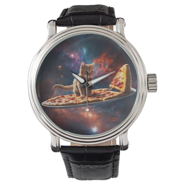 Reloj De Pulsera Gato surcando una pizza en el cosmos (Anverso)