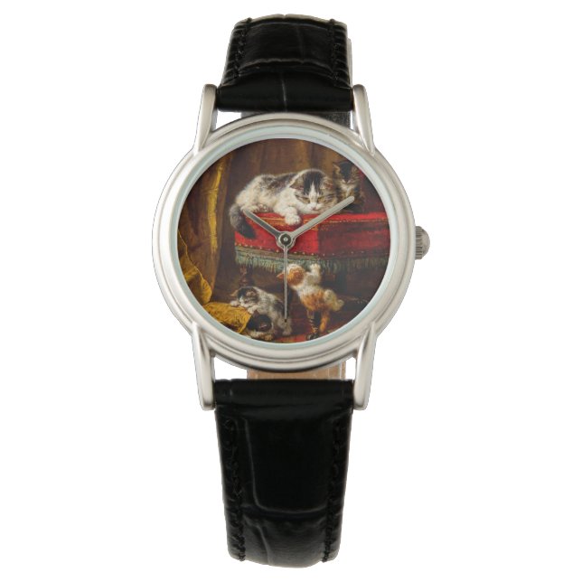Reloj De Pulsera Gato y gatitos jugando con silla (Anverso)