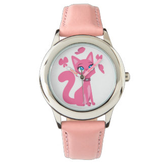 Reloj De Pulsera Gato y mariposas Personalizado rosado