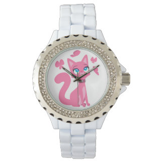 Reloj De Pulsera Gato y mariposas Personalizado rosado