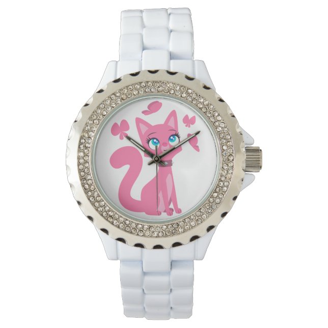 Reloj De Pulsera Gato y mariposas Personalizado rosado (Anverso)