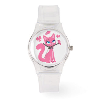 Reloj De Pulsera Gato y mariposas Personalizado rosado