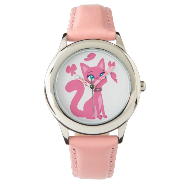 Reloj De Pulsera Gato y mariposas Personalizado rosado (Anverso)