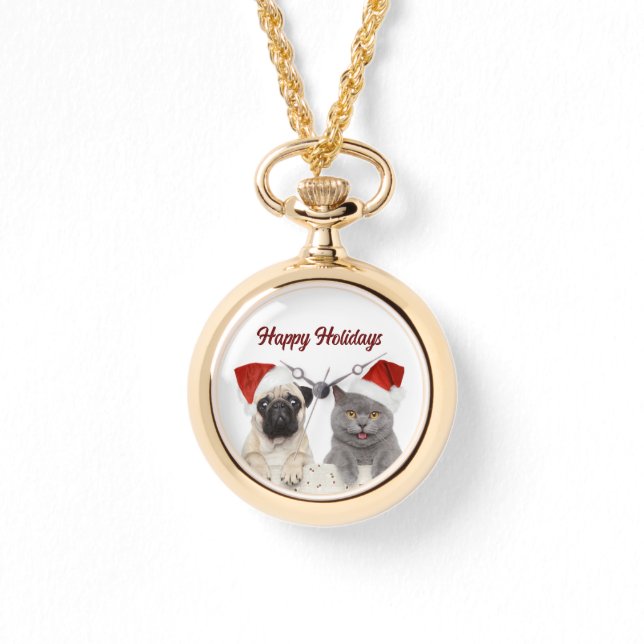 Reloj De Pulsera Gato Y Perro Feliz Navidad Festividades Mujeres (Anverso)
