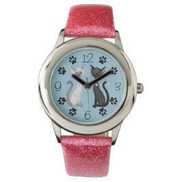 Reloj De Pulsera Gatos blancos y negros con pinturas en azul