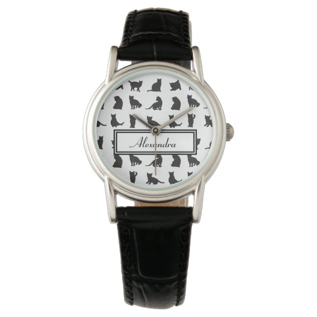 Reloj De Pulsera Gatos con patrón de silueta negra con nombre (Anverso)
