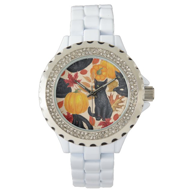 Reloj De Pulsera Gatos negros y calabazas (Anverso)