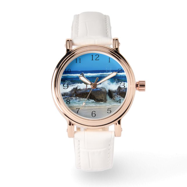 Reloj De Pulsera Gaviota Sobre Rocas De Playa, (Anverso)