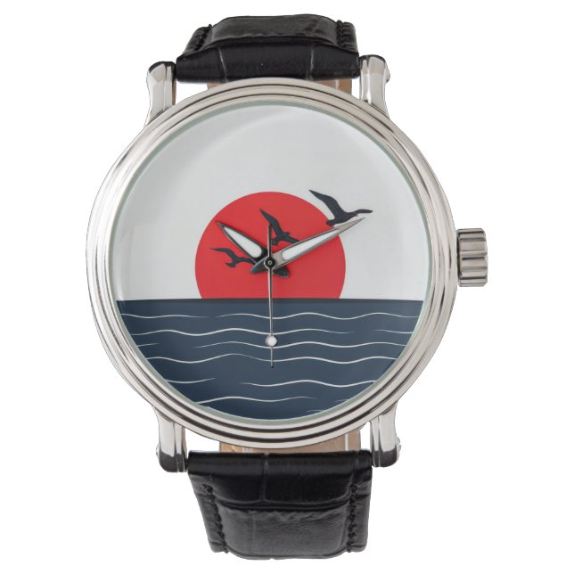 Reloj De Pulsera Gaviotas en sol rojo con océano (Anverso)
