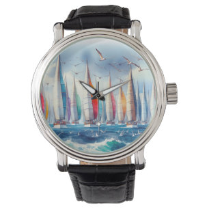Reloj De Pulsera Gaviotas volando alto con una regata de veleros