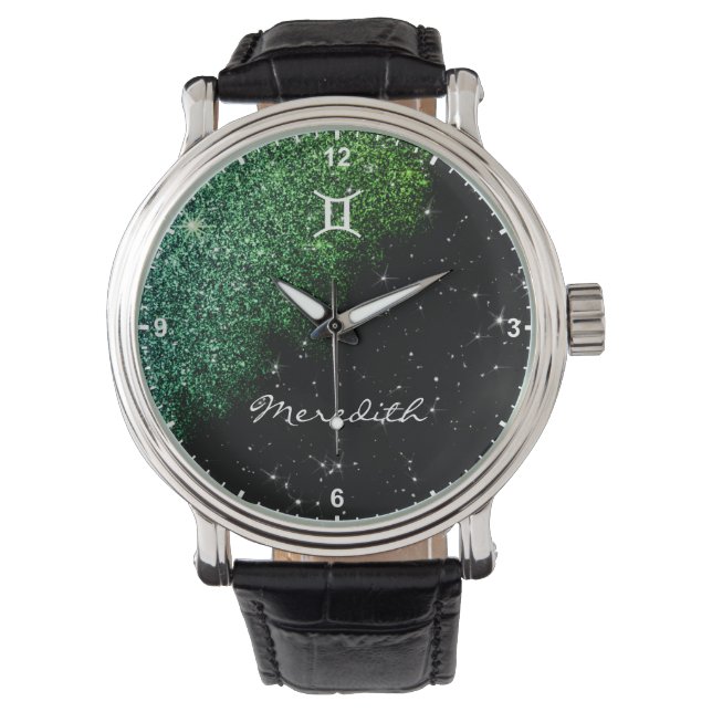 Reloj De Pulsera Gemini Rótulo zodiaco Verde azulado Purpurinas ver (Anverso)
