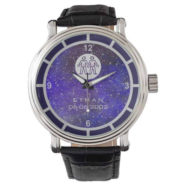 Reloj De Pulsera Gemini Zodiac Rótulo Elegante Nombre Personalizado (Anverso)