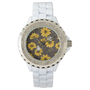 Reloj De Pulsera girasoles silvestres y pájaros dorados/ amarillo