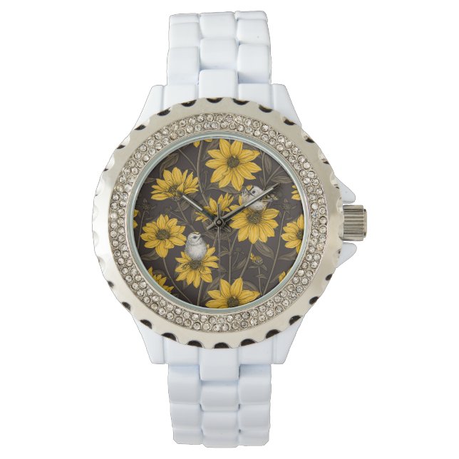 Reloj De Pulsera girasoles silvestres y pájaros dorados/ amarillo (Anverso)