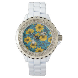 Reloj De Pulsera girasoles silvestres y pájaros dorados/ amarillo