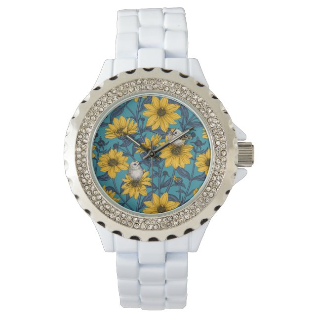 Reloj De Pulsera girasoles silvestres y pájaros dorados/ amarillo (Anverso)
