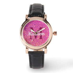 Reloj De Pulsera Girly Glam Purpurina rosa Moda Monograma Nombre