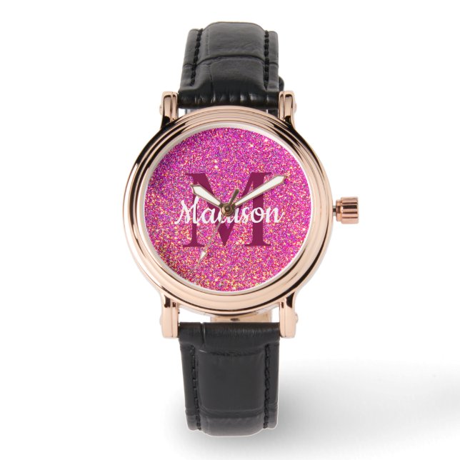 Reloj De Pulsera Girly Glam Purpurina rosa Moda Monograma Nombre (Anverso)