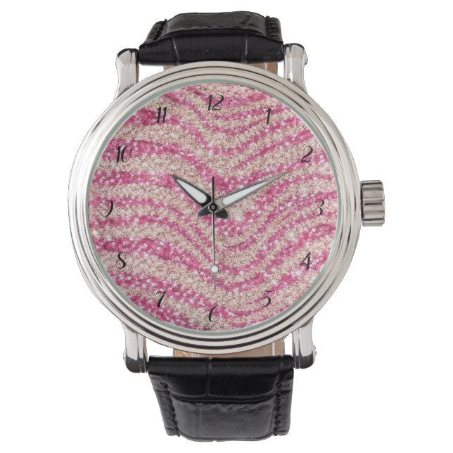 Reloj De Pulsera Girly Pink Blush Glitter Zebra Pattern             (Anverso)