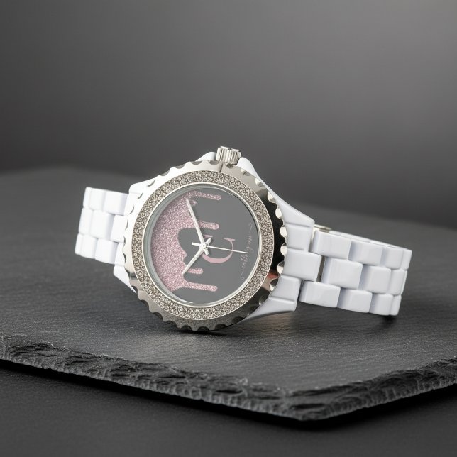 Reloj De Pulsera Glam Black Rosa Gold Purpurinas Dris Monograma (Glam Black Rose Gold Glitter Drips Monogram Watch)