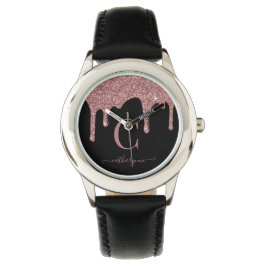Reloj De Pulsera Glam Black Rosa Gold Purpurinas Dris Monograma