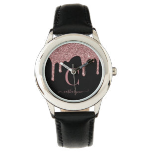 Reloj De Pulsera Glam Black Rosa Gold Purpurinas Dris Monograma