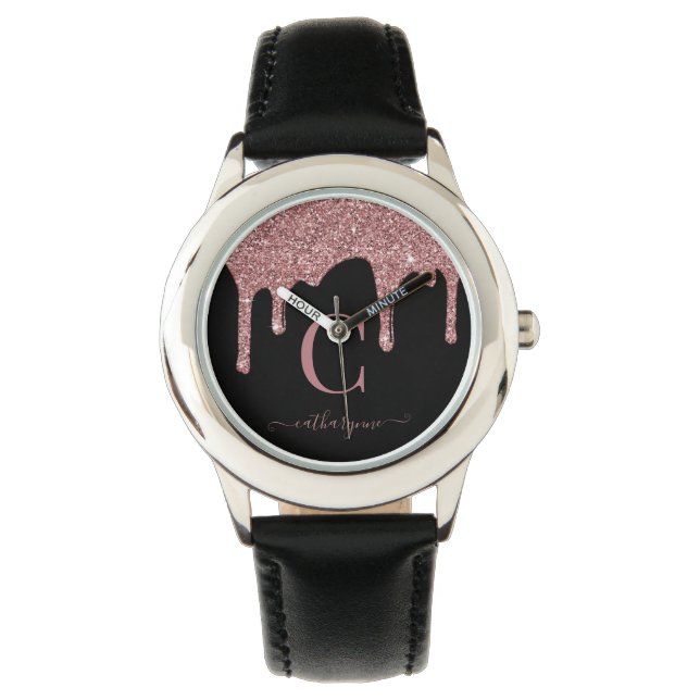 Reloj De Pulsera Glam Black Rosa Gold Purpurinas Dris Monograma (Anverso)