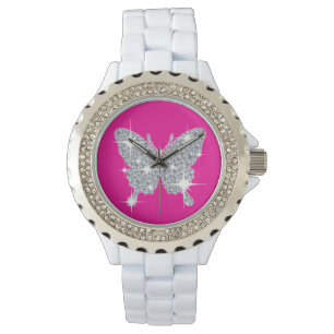 Reloj De Pulsera Glam faux diamante gorgote mariposa en rosa calien