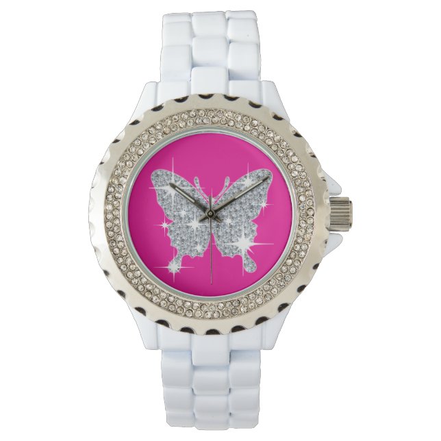 Reloj De Pulsera Glam faux diamante gorgote mariposa en rosa calien (Anverso)