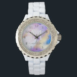 Reloj De Pulsera Glam Lilac Gold Resumen Paint Elegante Monograma<br><div class="desc">Personaliza fácilmente este estilo glamoroso de pintura de acuarela lila abstracta y el fondo falso de pulverización dorada con tus detalles personalizados.</div>
