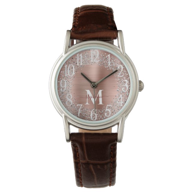 Reloj De Pulsera Glam Purpurina dorado Rosa Monograma Plata (Anverso)
