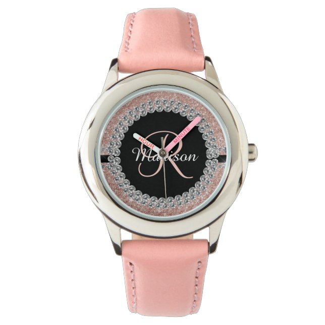 Reloj De Pulsera Glam Purpurina Look Rosa Gold Diamond Monograma (Anverso)