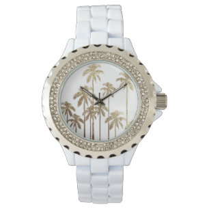 Reloj De Pulsera Glamoroso Oro Tropical Palmeras en Blanco